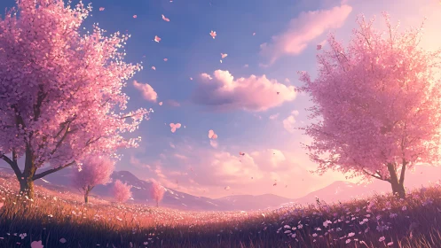 Cherry blossom valley under warm spring sunset sky.