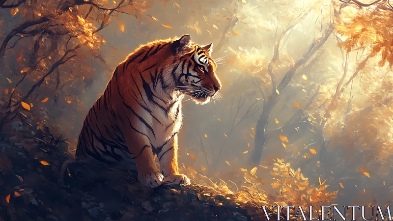 Majestic tiger in glowing autumn forest lightscape.