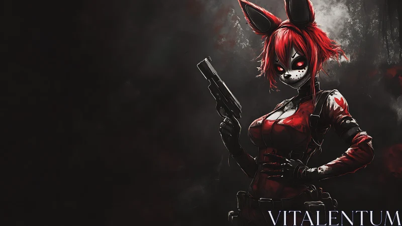 Red-haired gunfighter in sinister bunny mask stands poised.