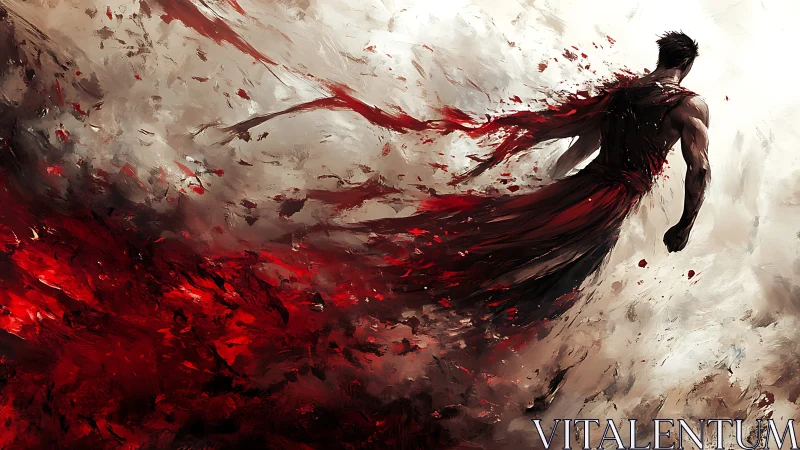 Solitary figure in red amid dynamic abstract brushwork.