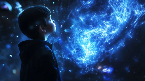 Boy watching luminous cosmic nebula in deep blue space.
