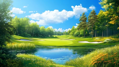 Sunlit golf fairway extends beyond reflective water hazard