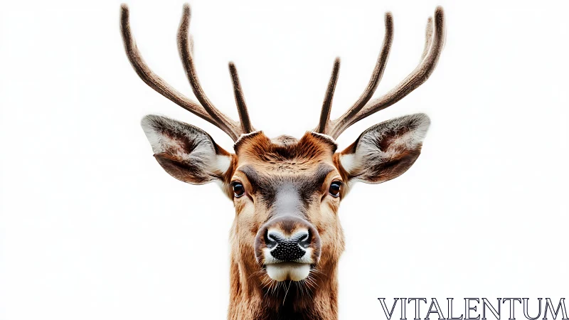 Stag portrait isolated on white with detailed symmetrical antlers.