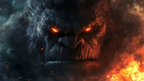 Gigantic simian head amid fire and smoke in close view.