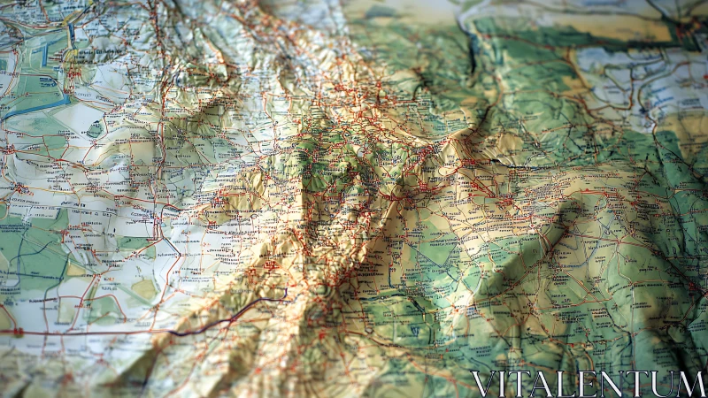 Folded topographic road map with detailed route network.