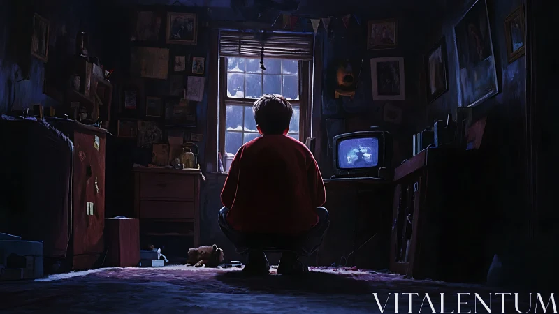 Boy in dim bedroom watches glowing CRT screen in silence