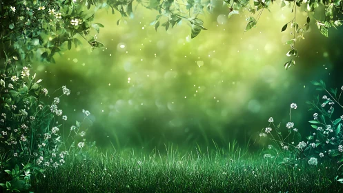 Enchanted Meadow with Lush Greenery and Blossoming Wildflowers.