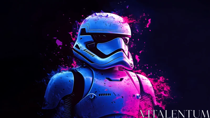 Helmeted sci‑fi armor figure in pink and blue lighting.