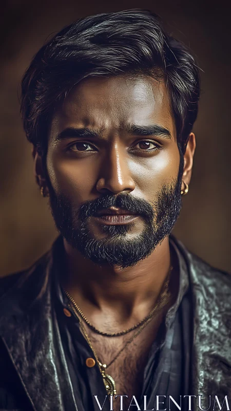 Intense bearded man gazes forward in warm cinematic light