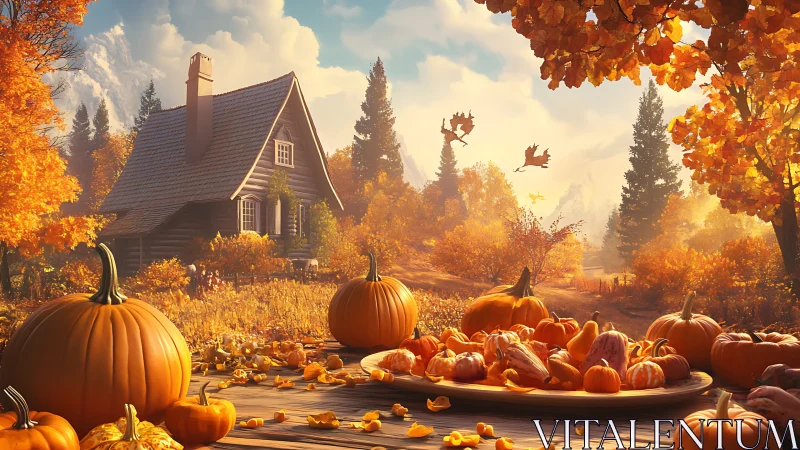 Autumn pumpkin harvest tableau before rustic forest cabin.