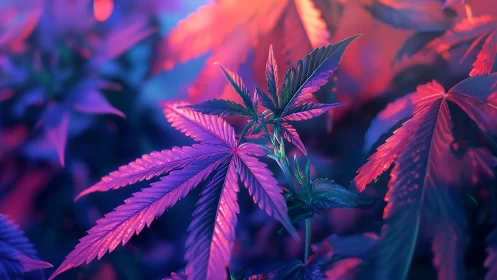 Neon cannabis foliage under vivid bicolor studio lighting.