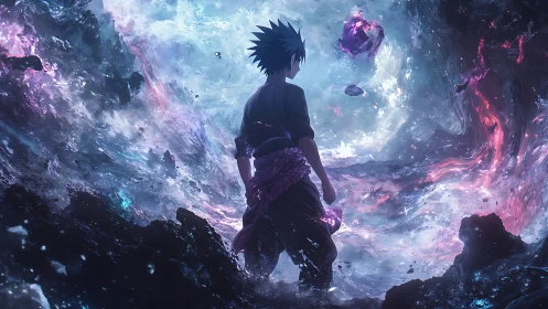Anime warrior stands before swirling cosmic storm portal.