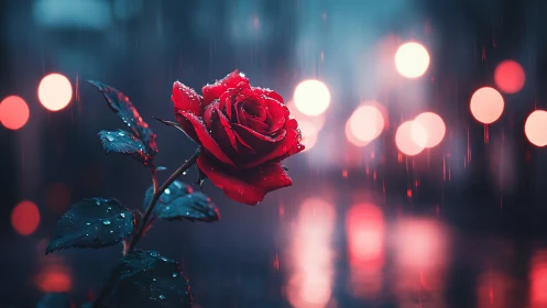 Red Rose Bokeh Rain. Crimson petals wet.