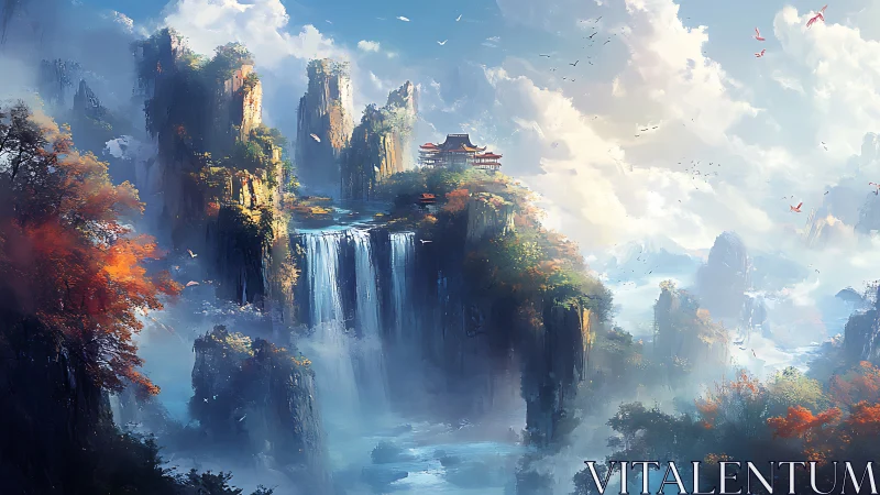 Mountain temple above tiered waterfalls under luminous cloudscape