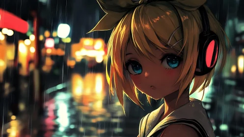 Anime girl with headphones in rainy neon city street at night.