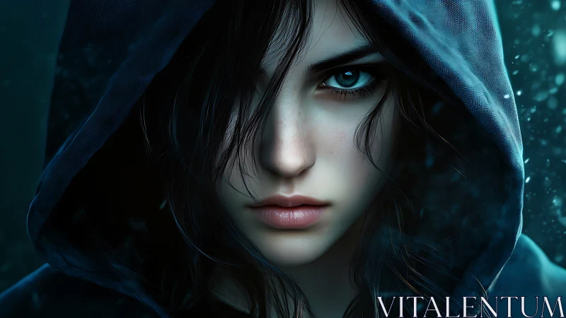 Intense blue eyed woman in hooded cloak, cinematic close portrait