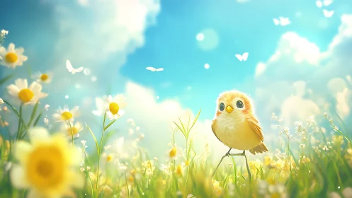 Cute Cartoon Bird in Sunny Daisy Field, Whimsical Digital Art.