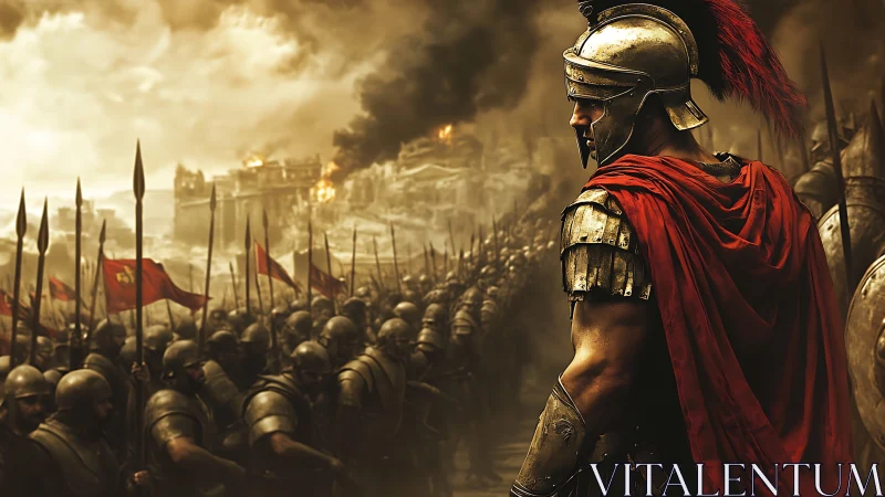 Roman-style armored commander observes advancing infantry line