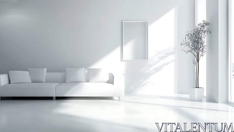 Minimalist white living room shows sofa, frame, and plant