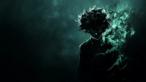 Shadowed figure dissolves into teal particulate energy field