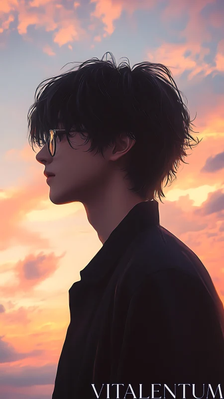 Side profile of young person against vivid sunset sky.