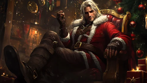 Rogue winter Santa lounges in leather and emberlit glamour.