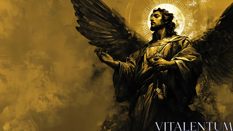 Winged robed figure before radiant halo on ochre field.