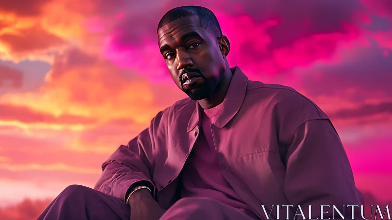 Digital portrait of man in pink coat under vivid sunset sky.