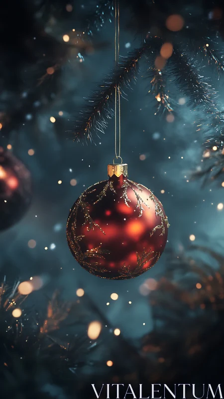 Specular red ornament under shallow-depth bokeh illumination.