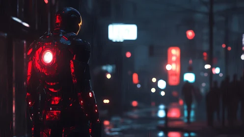 Neon rain sentinel in scarlet armor haunts cyberpunk streets.
