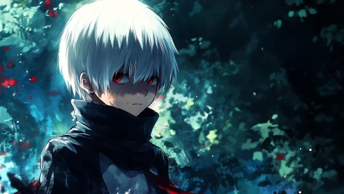 White-haired anime boy stares ahead in a dark, glowing forest