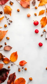 Autumn leaves and berries frame a bright white background.