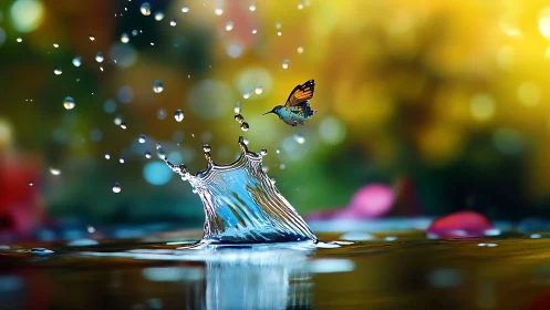 Vivid digital splash with butterfly over luminous water.