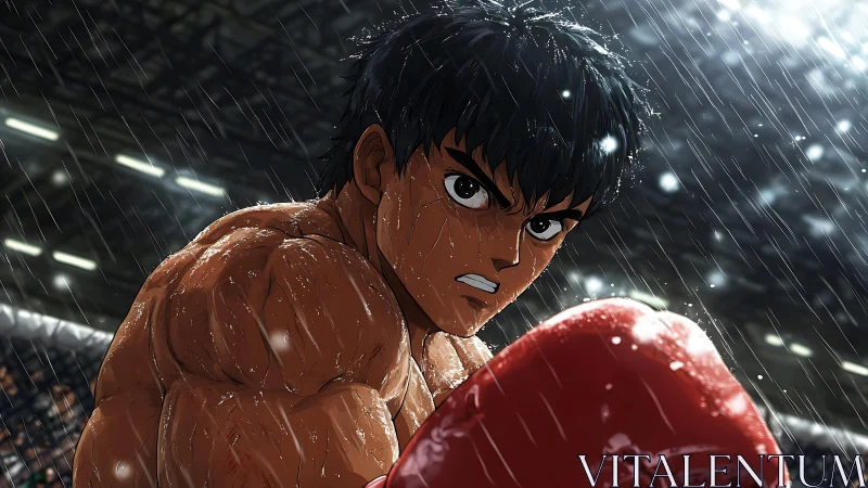 Rain-soaked boxer poised mid-match, fierce determination.