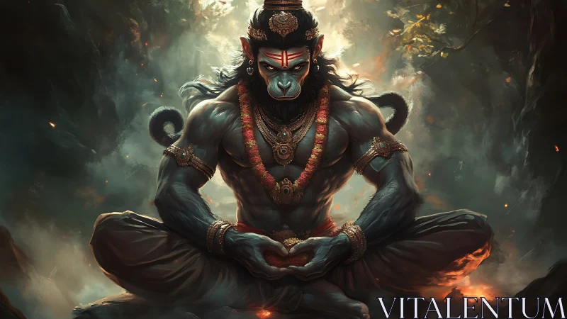 Divine monkey warrior in emberlit meditation storm of power.