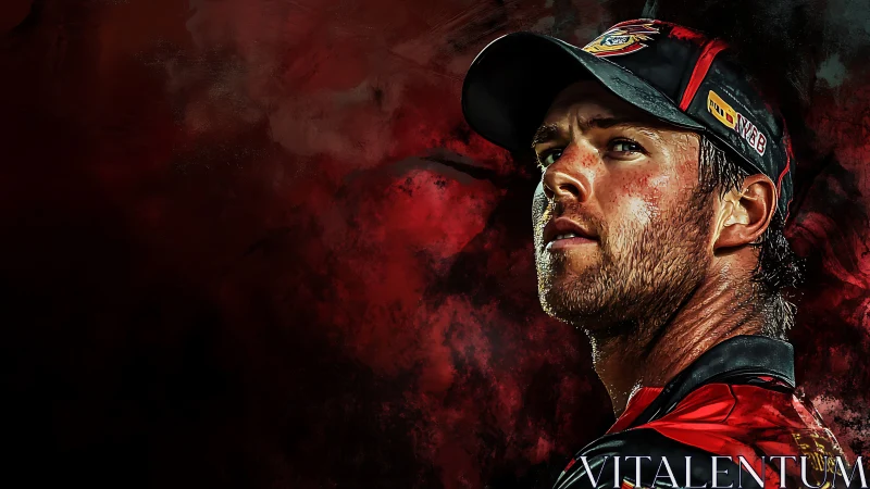 Digital portrait of focused athlete on abstract red ground.