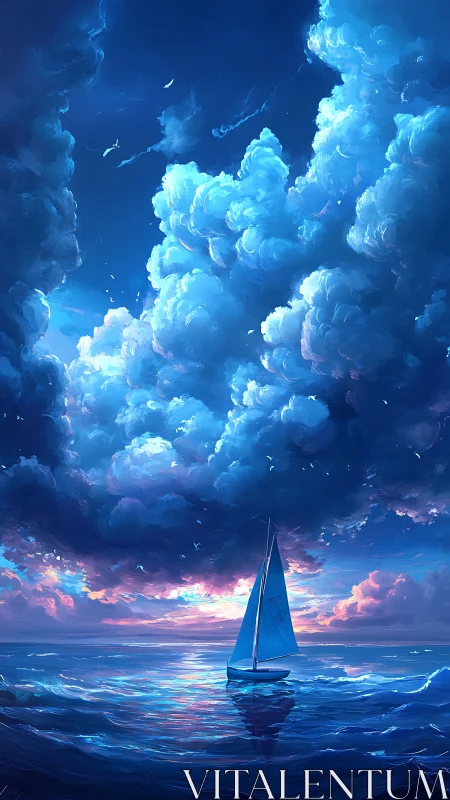 Lone blue sail carves quiet music beneath towering skies