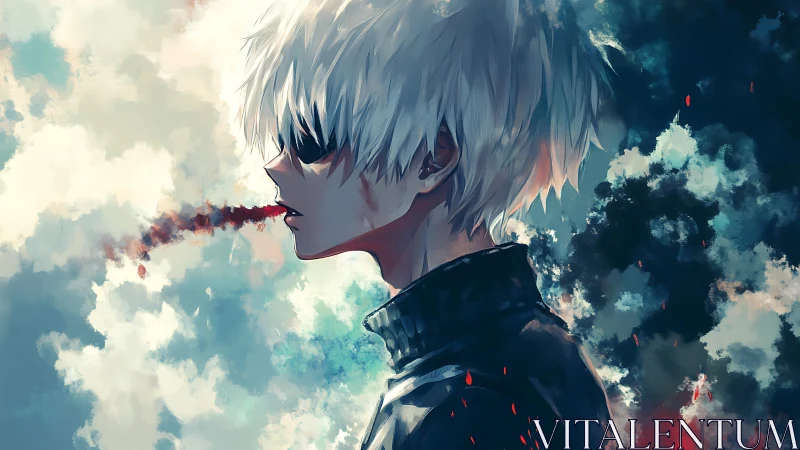 White haired antihero exhales crimson mist in cloudscape