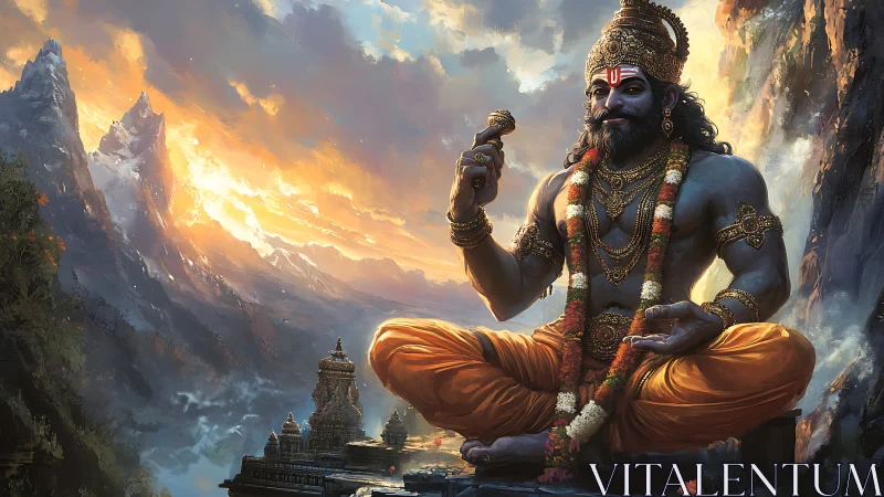 Colossal blue deity meditating above temple and alpine valley.