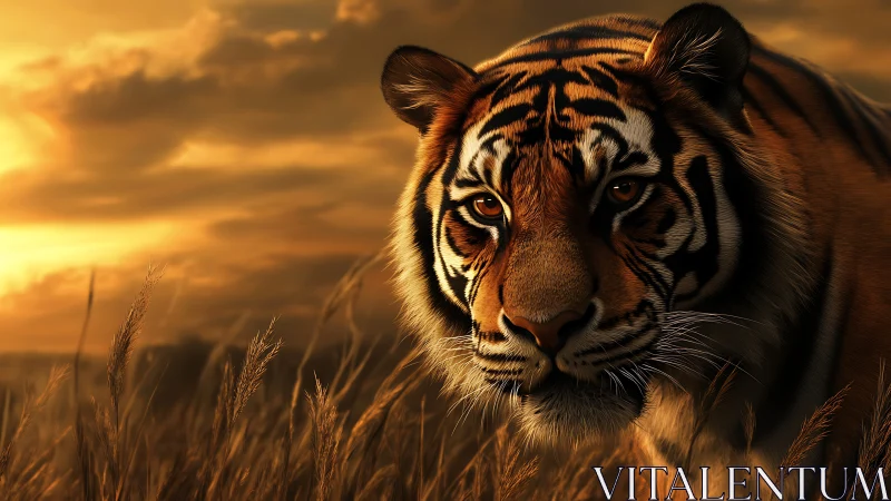 Sunlit tiger wandering through golden evening grasslands.