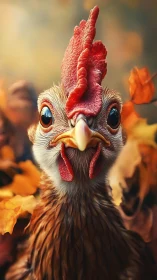 Rooster Portrait with Autumn Foliage Background.