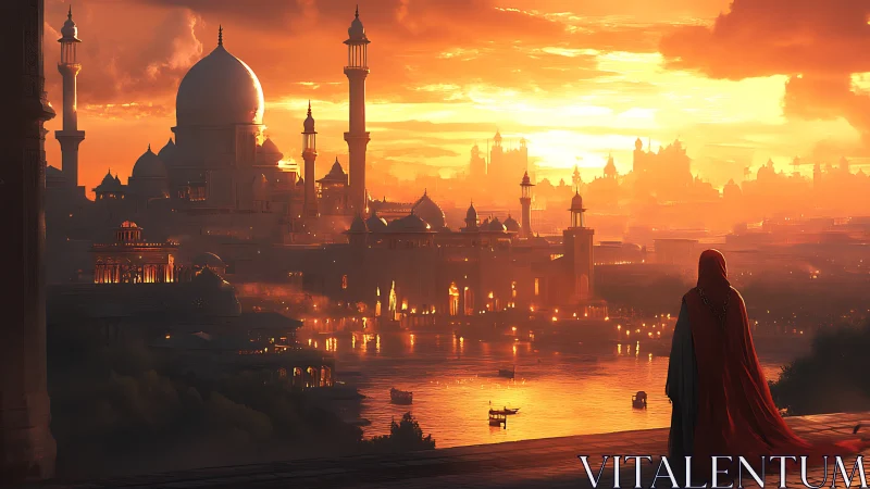 Digital painting of a sunset citadel with cloaked figure foregrounded.