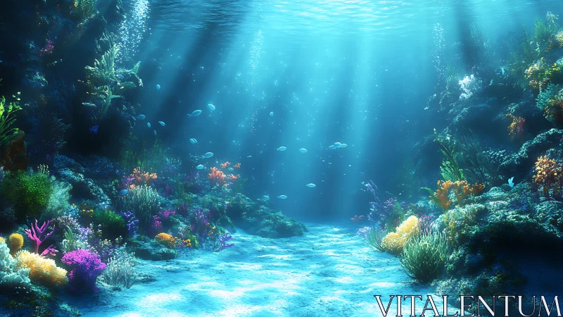 Sunlit digital coral reef with colorful marine life.