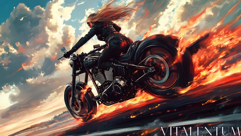 Flaming wheels carve a burning horizon beneath stormy skies