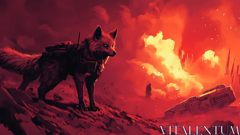 Armored fox scout surveys a burning sci-fi battlefield.