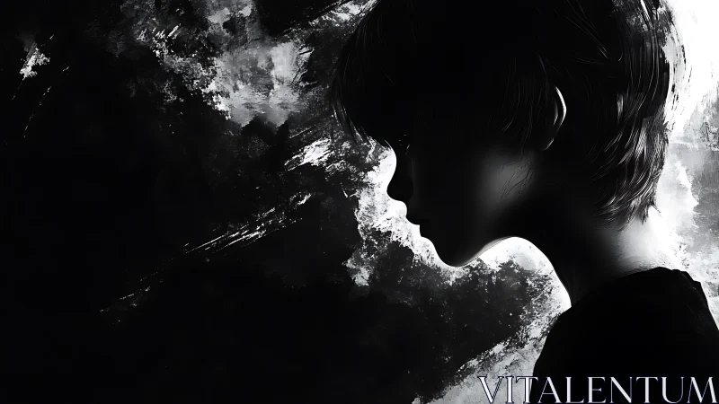Solitary child silhouette contemplates in stark monochrome.