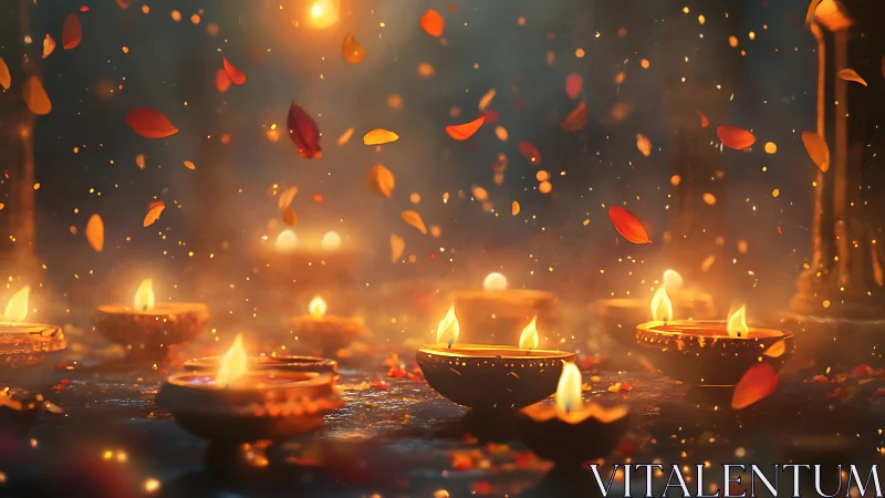 Glowing festive oil lamps and drifting petals at twilight.