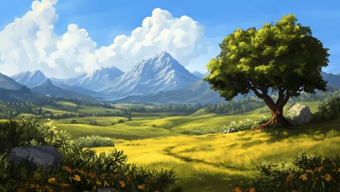 Sunlit valley meadow rests beneath towering blue mountains