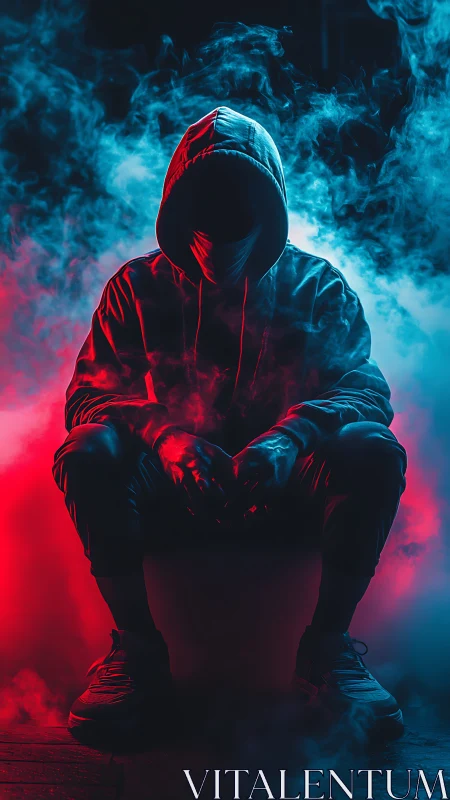 Hooded figure in neon smoke with intense red blue lighting.