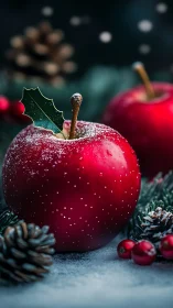 Macro study of snow dusted red apple with pinecone bokeh